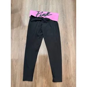 Victoria's Secret PINK Yoga Leggings Black Pink Glitter Logo Fold Over Waist y2k thumbnail 2