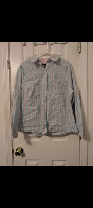 Tommy Hilfiger Women's Size 18 Blue Pink Striped Button Down Shirt Embroidered thumbnail 3