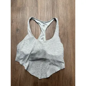 Alo Yoga Womens Ribbed Racerback Handkerchief Hem Tank Top Heather Gray S thumbnail 2