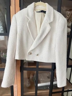 Zara tweed blazer jacket cropped textured ecru double breasted tailored thumbnail 1