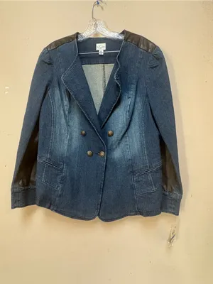 Style & Co XL Denim Blazer Faux Leather Equestrian Double Breasted Y2K Jacket thumbnail 10