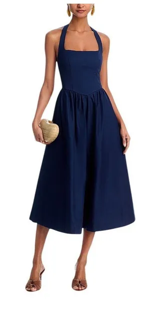 NWT Aqua Womens Woven Halter Midi Dress IDM11261 Navy Blue S thumbnail 1
