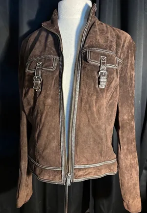 Michael Michael Kors Brown Suede Leather Jacket Contrast Stitch Buckle Large thumbnail 1
