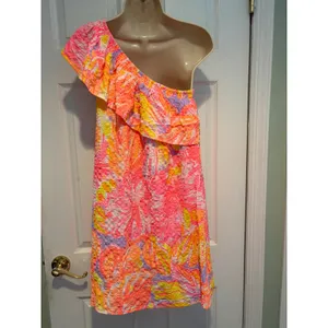 Lilly Pulitzer One Shoulder Ruffle‎ Dress Pink Neon Tropical Shift Small Coastal thumbnail 5