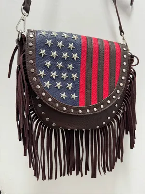 Brown faux leather Rodeo Fringe American Flag crossbody bag charming charlie thumbnail 2