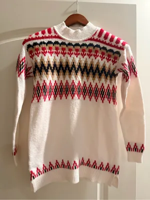 LOFT Cream Fair Isle Crewneck Sweater with Red, Navy & Tan Accents thumbnail 1