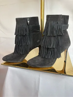 Via Spiga Gray Suede Fringe Stiletto Ankle Boots thumbnail 4