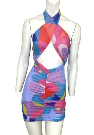 Hot & Delicious Geometric Cutout Halter Ruched Mini Dress Purple Size Large NWT thumbnail 1