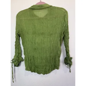 Jaipur Y2K Crinkle Green Tie Sleeve Button-Up Blouse Whimsical Fairycore M thumbnail 6