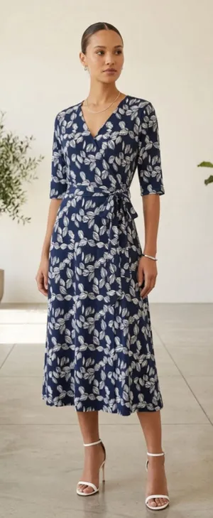 41 Hawthorn Womens 1X Faux Wrap Dress Navy Blue White Leaf Print Short Sleeve Mi thumbnail 1