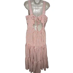 ASOS DESIGN Knot Detail Tiered MIdi‎ Dress Brown Gingham Large Tie Open Back thumbnail 4
