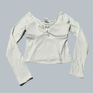 Women's Long Sleeve heart v neck padded shirt top white ribbed coquette small thumbnail 1