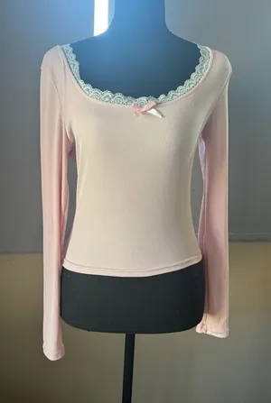 Vintage coquet Women's Pink Lace-Trim Long Sleeve Top thumbnail 1