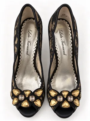 Lulu Townsend Black Lace Mesh Rhinestone Stiletto Peep Toe Pumps Amber Crystal thumbnail 3