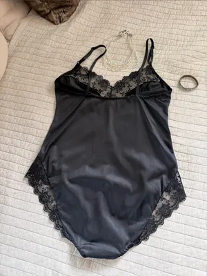 Bestform Vtg 80’s 36 black lace trim nylon lingerie bodysuit whimsy goth thumbnail 8