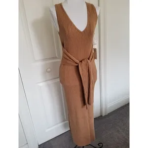 GOOD AMERICAN Sleeveless Rib Knit Tie Waist Midi Dress Taupe Tan Size 2 M thumbnail 3