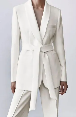 ZARA Tuxedo Blazer With Waist Tie Suit Jacket White thumbnail 1