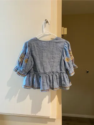 Free People Blue Embroidered Peasant Blouse, size Xs thumbnail 2