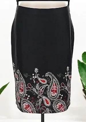 New York And Company Elegant Black Embroidered Paisley Stretch Back Kick Skirt Medium thumbnail 1