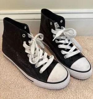 Black Sequined High-Top Sneakers with White Laces thumbnail 1
