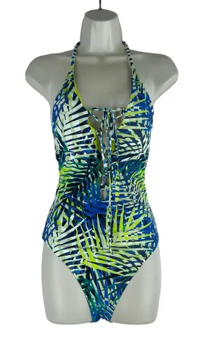 Aerie Tropical Leaf Print Plunge V Neck Lace Up One Piece Swimsuit Size S thumbnail 1