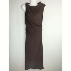 Zara Expresso Brown Textured Knot Ruched Side Maxi Dress LARGE Modest‎ Preppy thumbnail 2