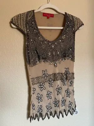 Vintage 90s does 20s Beaded Silk Embroidered Blouse Sz S Cap‎ Sleeve thumbnail 1