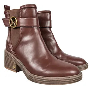 Sam & Libby Natalia Brown Faux Leather Buckle Stacked Heel Ankle Boots 9.5M thumbnail 1