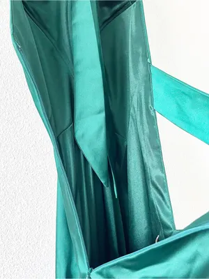 Revelry Amaya Emerald Green Satin Halter Open Back High Slit Formal Gown thumbnail 10