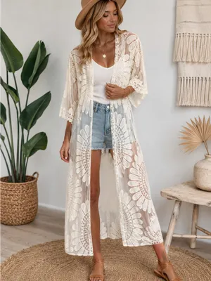 Rebellion Again Ivory Lace Duster Kimono S Embroidered Boho Maxi Cover Up thumbnail 9