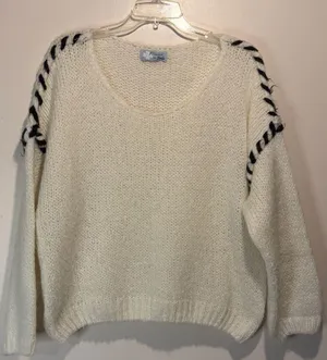 Made in Italy- Vintage Cream Knit Boxy Sweater Shoelace Shoulder Detail Size S/M thumbnail 1