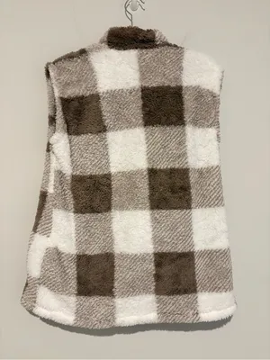 Mia Belle Girls Cozy Faux Fur Plaid open front Vest brown white mom medium thumbnail 3
