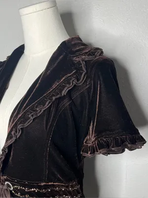 Y2K Vintage Chocolate Brown Velvet Ruffle Collar Tie Front Fairy Grunge Top thumbnail 4