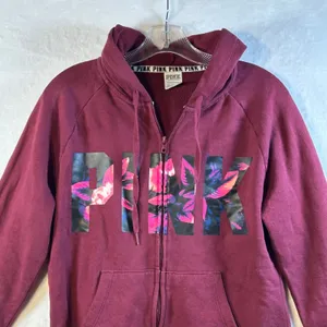 PINK Victoria's Secret‎ Burgundy Floral Logo Zip Up Hoodie Sweatshirt Size S thumbnail 3