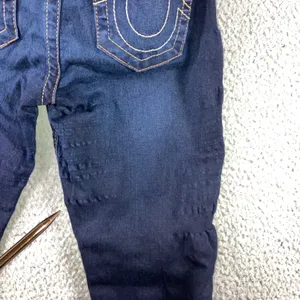 True Religion Low Rise Capri Jeans Womens 25x23.5 Blue Y2K Pink Stitch Logo Flaw thumbnail 5