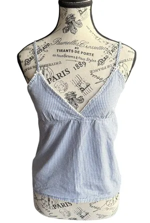 Blue White Gingham Crop Top Size S Spaghetti Strap Heart Neck Tie Back Y2K Cute thumbnail 1