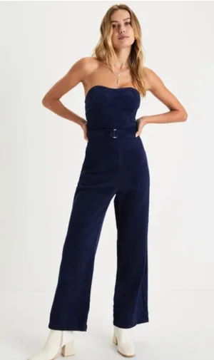 Lulu’s‎ Corduroy navy blue Strapless Jumpsuit size small NWT thumbnail 1