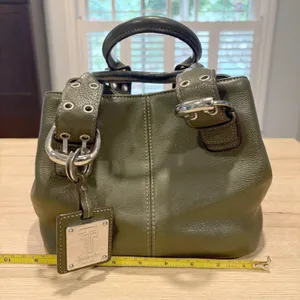 Tignanello Olive Green Pebbled‎ Leather Satchel Buckle Handbag Silver Hardware thumbnail 4