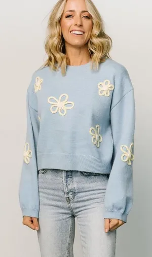 Listicle Pale Blue & Yellow Crewneck Crop Boxy Raised Floral Sweater thumbnail 1