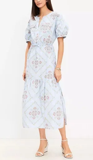 New Loft Blue Tuilerie Balloon Sleeve Pocket Midi Dress Size Small thumbnail 1