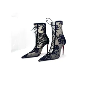 Christian Louboutin KM Lace Booty 100 Black Mesh Floral Lace Boots Sz 39.5 thumbnail 10
