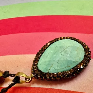 Blue and gold tone beaded long teardrop pendant necklace thumbnail 9