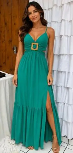 Thirty Thirty Maxi Dress Women's Medium Green Cutout Buckle Slit Boho Resort NWT thumbnail 1