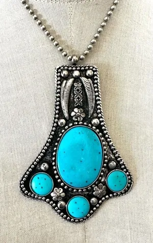 Silver tone turquoise blue southwestern large pendant necklace thumbnail 1