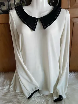 Forever 21 Long sleeve black & white sheer top with attached collar thumbnail 6