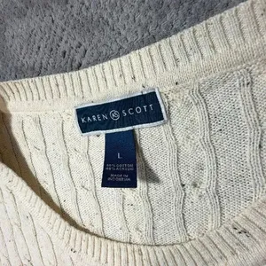 Karen Scott LRG Cream Cable Knit Crewneck Sweater Cotton Blend Speckled Academia thumbnail 3