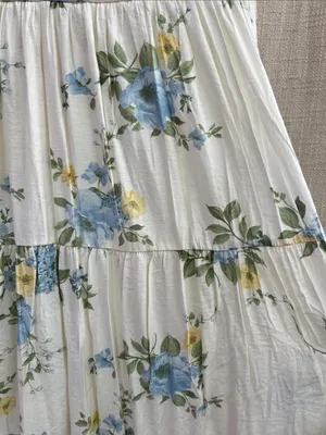 White Blue Yellow Floral Tiered Midi Dress Lace Tie Straps Large thumbnail 9