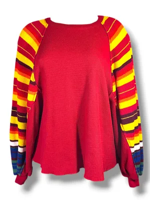 Free People We The Free Rainbow Dreams Pullover XS Red Combo Balloon Sleeve thumbnail 3