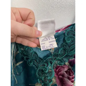 Vintage 90s Green Floral Satin Slip Fairy Grunge Lace Lingerie Top‎ Coquette S thumbnail 4