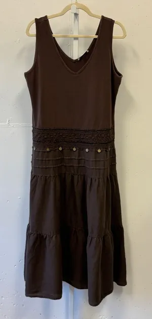 Katherine Barclay‎ Brown Tiered Midi Maxi Dress XL Crochet Lace Coin Detail Boho thumbnail 1